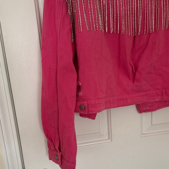 Hot Pink Rhinestone Fringe Cropped Denim Jacket - Picture 5 of 5